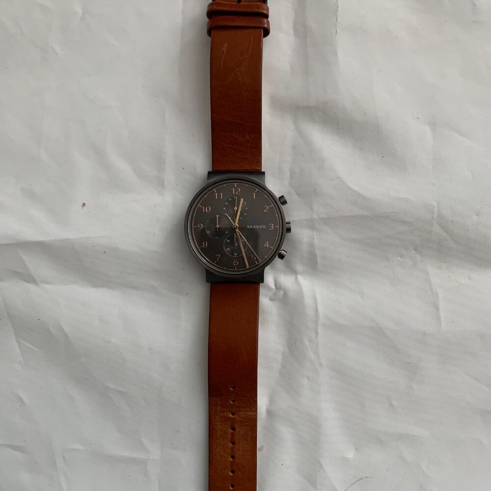 Men's Skagen Ancher Chronograph Brown Leather Strap Watch SKW6418 ⭐️ - Picture 2 of 14